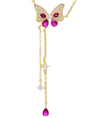 Colored Pave Butterfly Cubic Zirconia Station Lariat Necklace