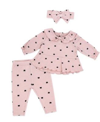 Baby Mode - Baby Girls' Tiny Bows Print Top, Leggings and Headband, 3-Piece Set