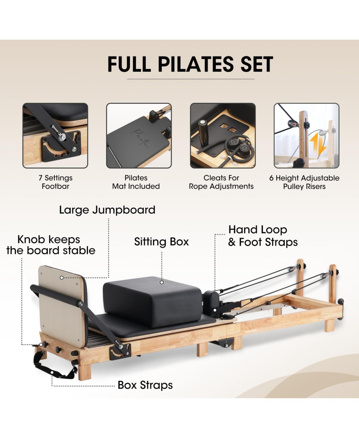 Mikolo Wooden Foldable Pilates Reformer Machine with Springs, Pilates Machines for Home Use and Studio, Pilates Equipment with Sitting Box