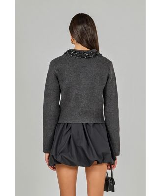 Women's Knit Jewel Trim Collared Sweater