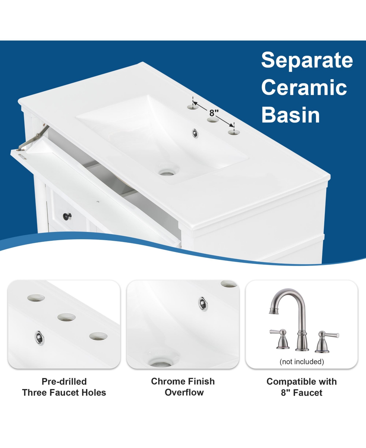 Casainc Bathroom Vanity with Ceramic Sink Flip Drawer Adjustable Shelf