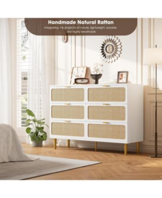 Rattan 6 Drawer Dresser for Bedroom, Long Double Chest with Deep Drawers and Wide Top for Living Room or Kids Room