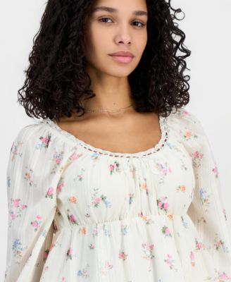 Juniors' Long-Sleeve Woven Peasant Top