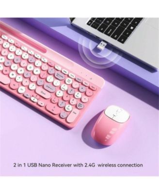 Wireless Keyboard and Mouse Combo - Retro Design with Round Keycaps, 2.4GHz Full-Size Wireless Keyboard Mouse for Computer, Desktop, Laptop, Pink