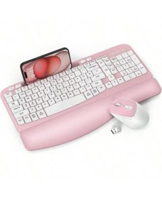 Wireless Keyboard and Mouse Combo - Full-Sized Keyboard with Cushioned Palm Rest, Phone Holder, 2.4G Cordless Set for Computer, Laptop, PC - Pink