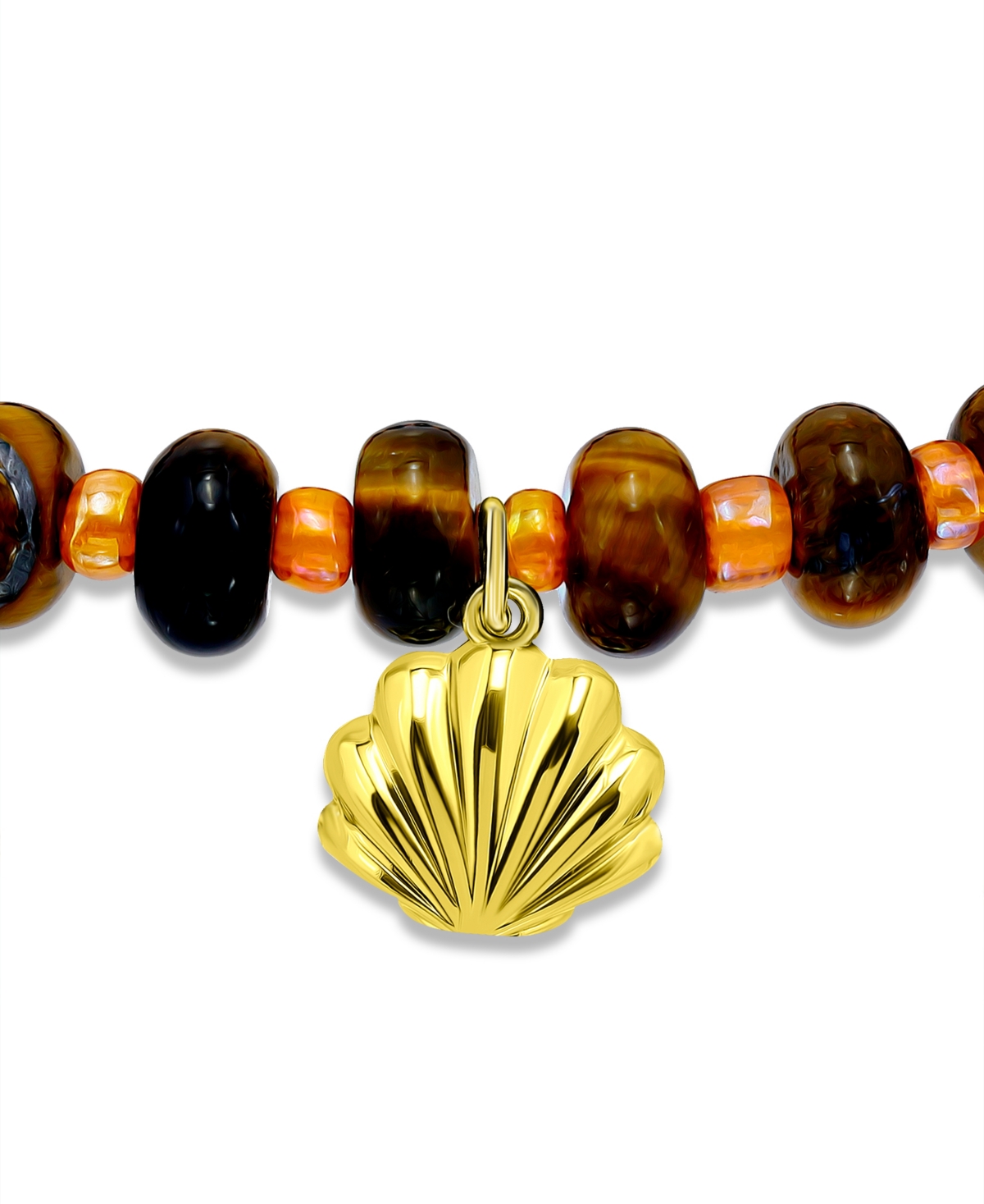 Macy's Tigers Eye Rondelle Beads and Clamshell Drop Charm Beaded Gold Plated Stretch Bracelet