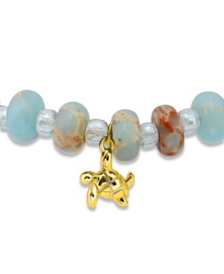 Blue Imperial Jasper Rondelle Beads and Turtle Drop Gold Plated Stretch Bracelet