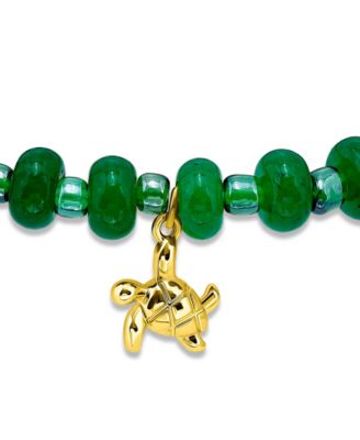 Blue Imperial Jasper Rondelle Beads and Turtle Drop Gold Plated Stretch Bracelet