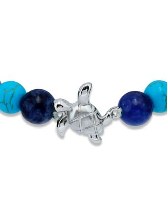 Howlite Chrysocolla Sodalite Beads and Sea Turtle Charm Station Silver Plated Stretch Bracelet