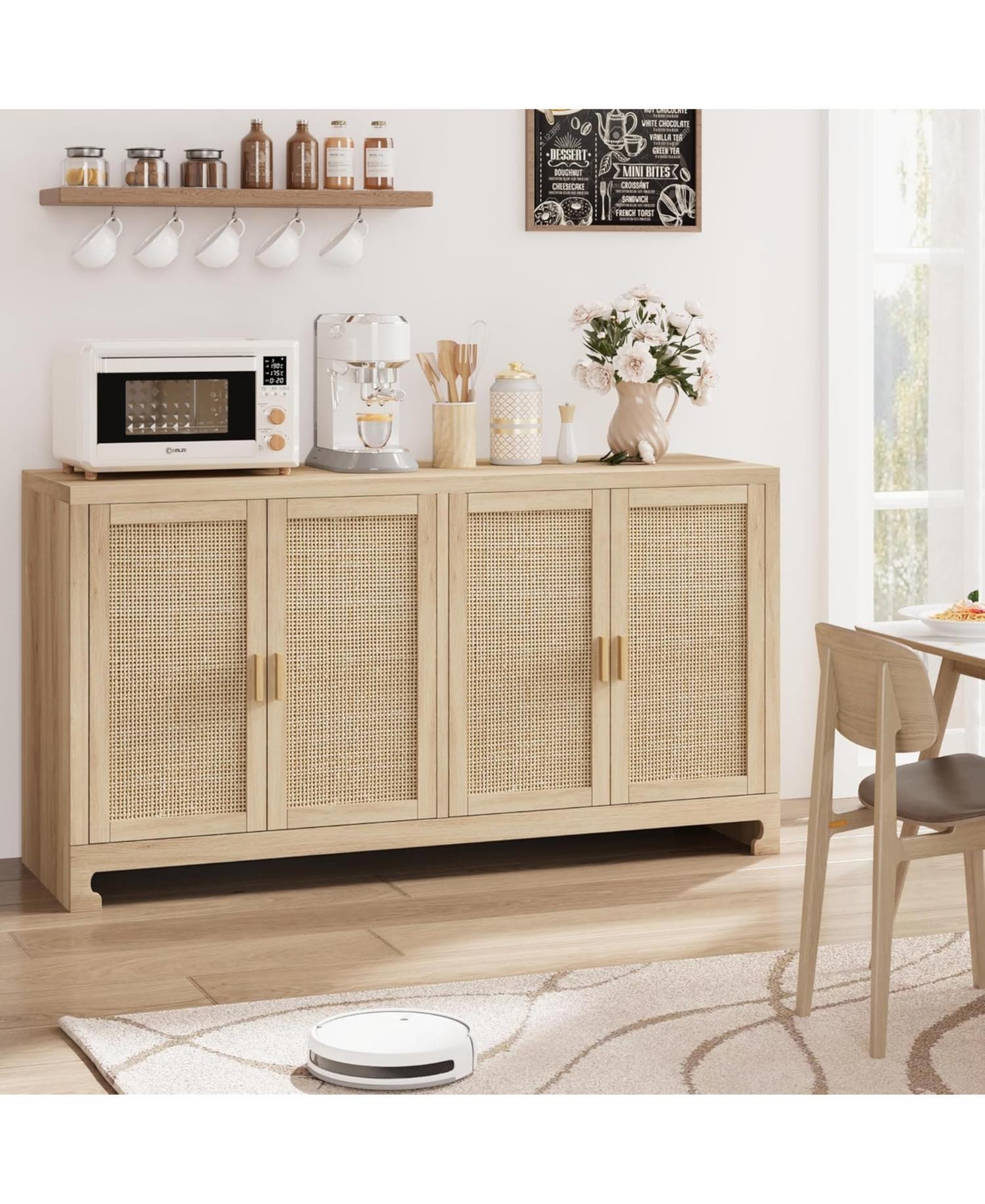 Rattan Accent Storage Cabinet with 4 Doors and Shelf, Modern Console Coffee Bar Cabinet for Dining Room, Kitchen, Living Room,Entryway,Beige