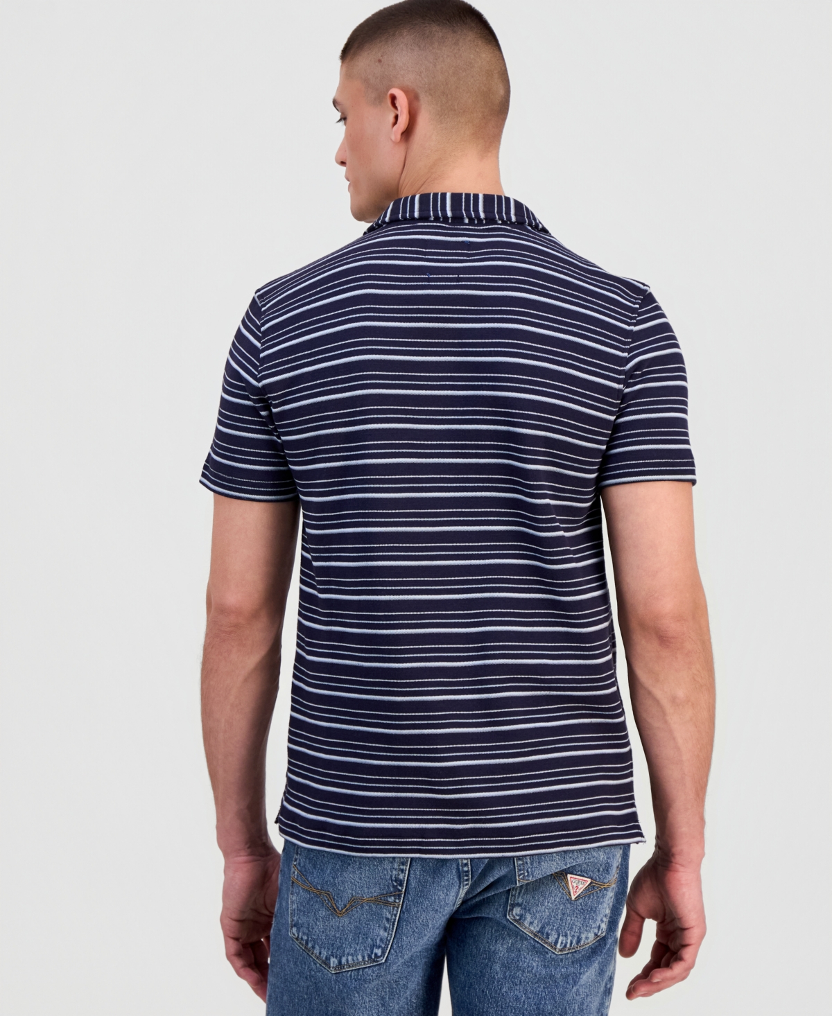 Guess Men's Linear Striped Boucle Knit Camp Shirt