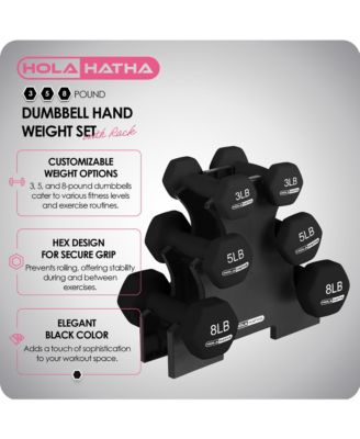 3, 5 & 8 Pound Hex Dumbbell Hand Weight Set with Storage Rack, Black
