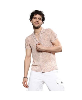 Men's Beige Washed Flowers Seld-Design Shirt
