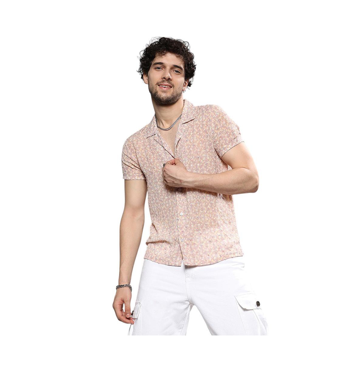 Campus Sutra Men's Beige Washed Flowers Seld-Design Shirt