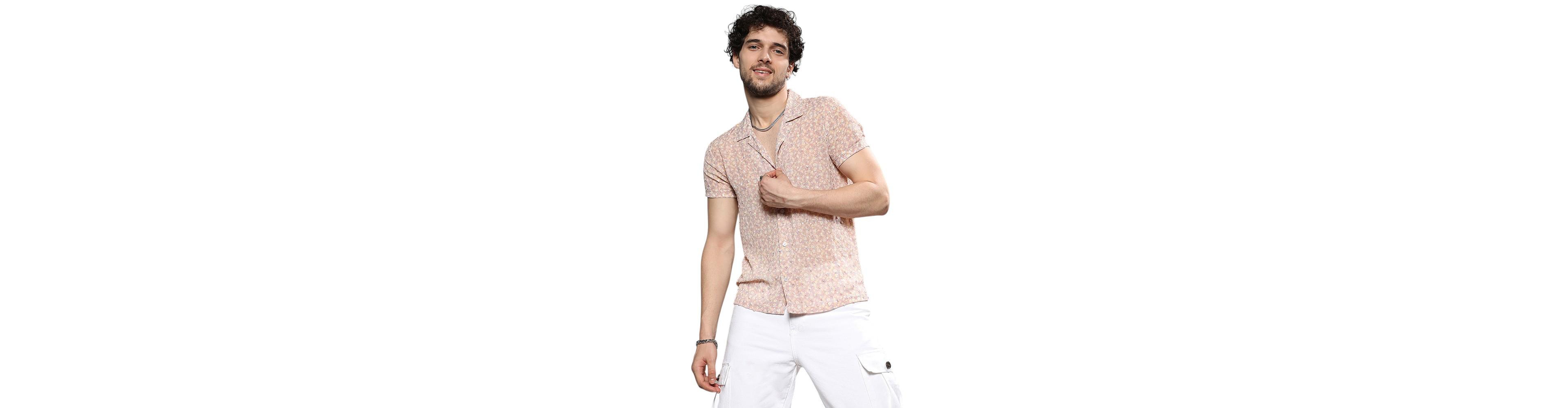 Campus Sutra Men's Beige Washed Flowers Seld-Design Shirt