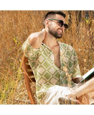 Men's Grass Green & Pale Yellow Geometric Block Oversized Shirt