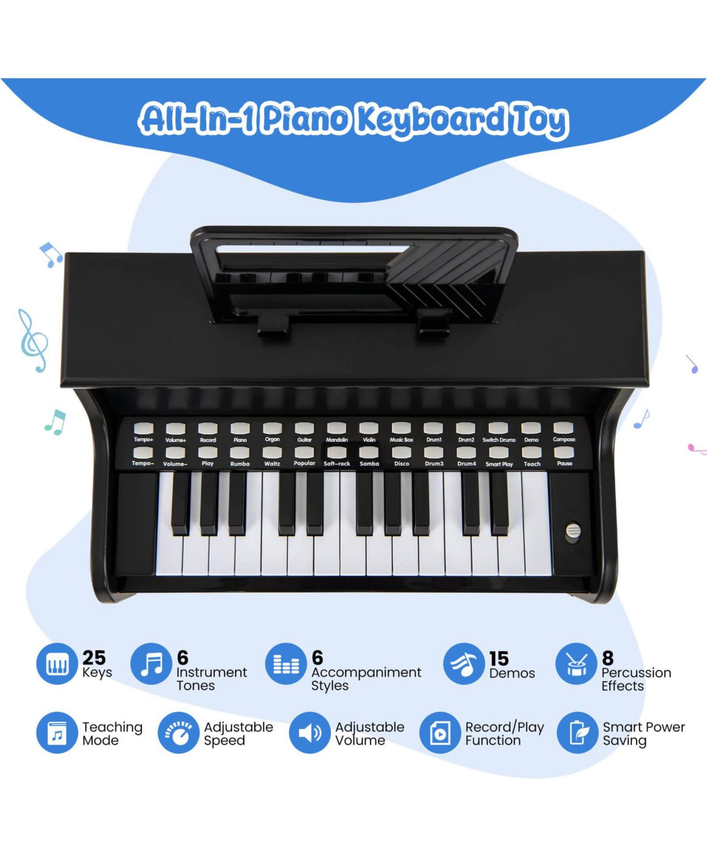 Детские игрушки Costway 25-Key Digital Piano with Lighted Keys Teaching Mode, 3-Piece Set, Ages 3+, цвет: Чёрный — фото 4