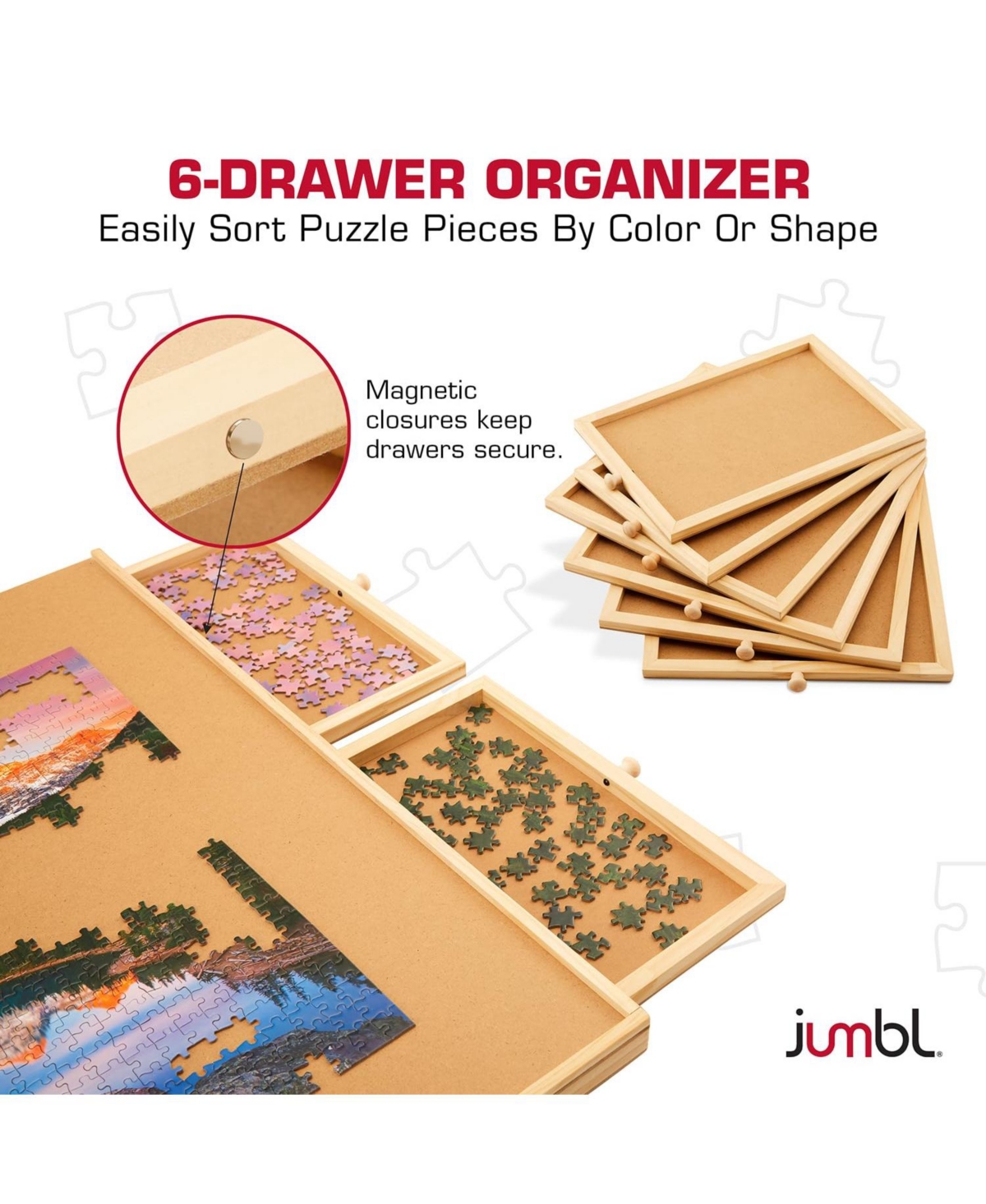 Jumbl 1500-Piece Puzzle Board with Drawers, Lazy Susan & Cover - Rotating Wooden Jigsaw Puzzle Table