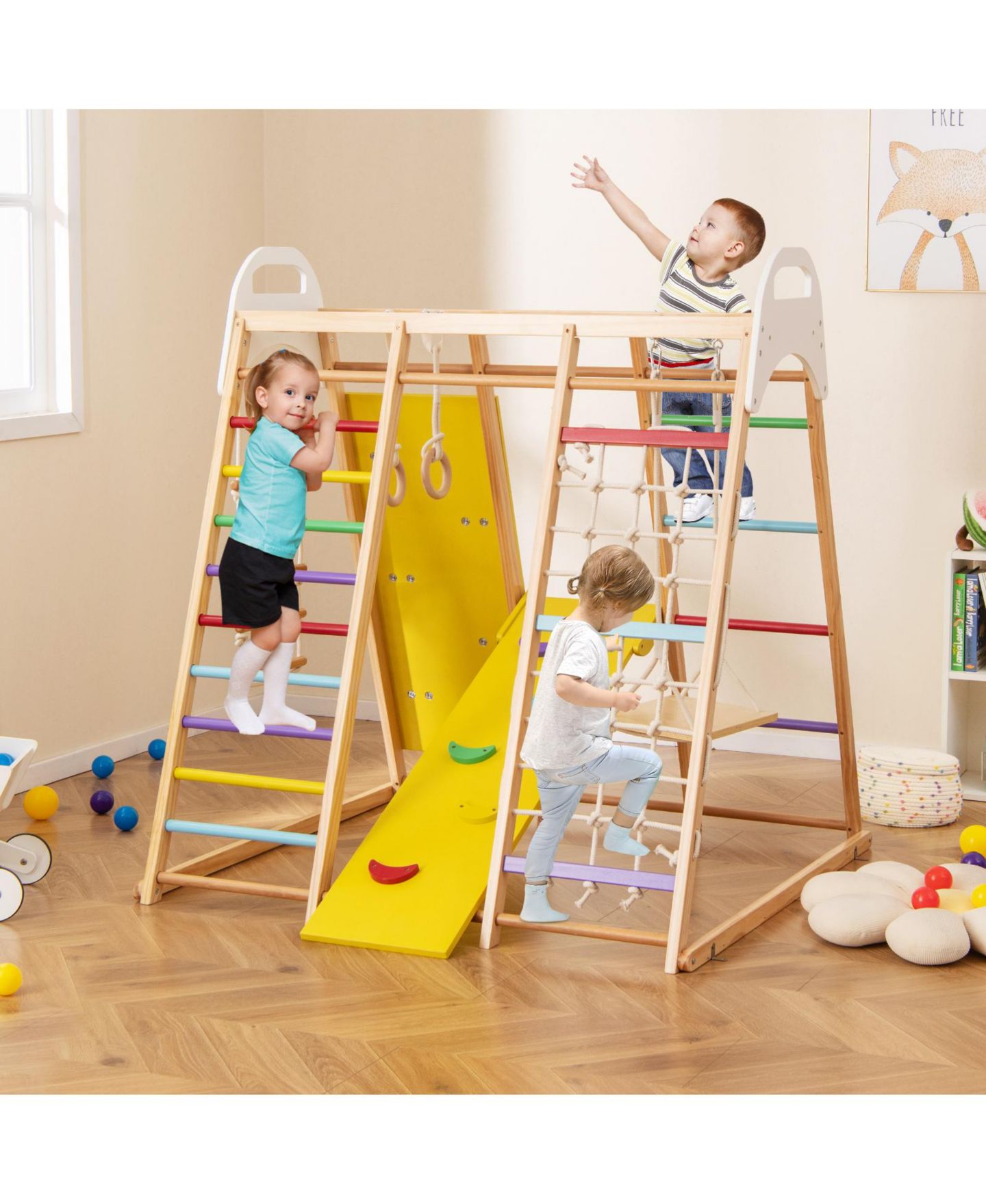 Детский игровой набор HONGGE 8-in-1 Wooden Jungle Gym Playset with Slide, Monkey Bars, and Climbing Wall, цвет: Жёлтый натуральный белый — фото 5
