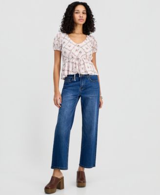 Juniors' Printed Lace Short-Sleeve Babydoll Top