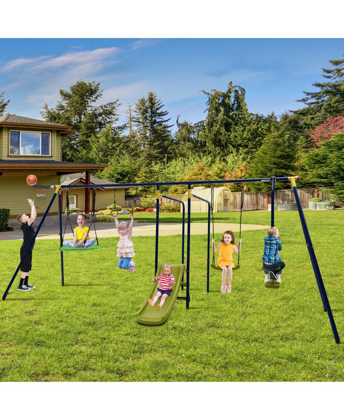 Hongge Kids Outdoor 7 in 1 Metal Swing Set with Slide Monkey Bar and Basketball Hoop