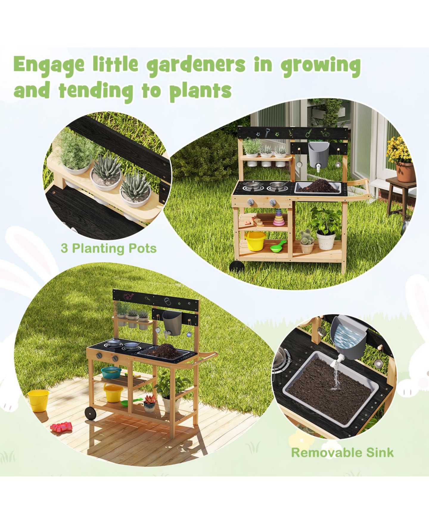 Детская игрушка HONGGE Working Faucet Chalkboard Wooden Mud Kitchen, Ages 3+, цвет: Натуральный — фото 5