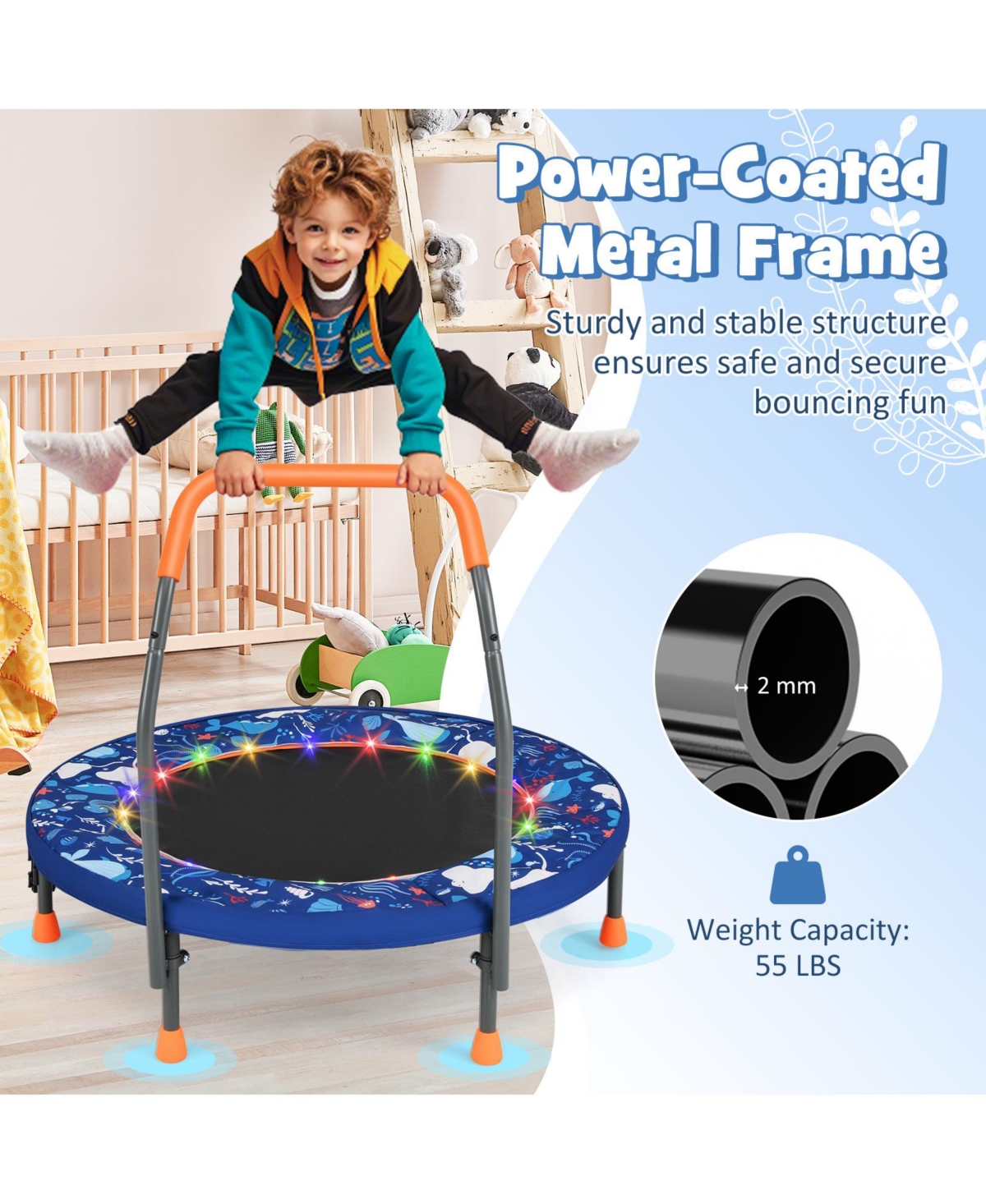 Hongge Kids Led Light Trampoline with Foam Handrail Foldable Frame and Safety Cover