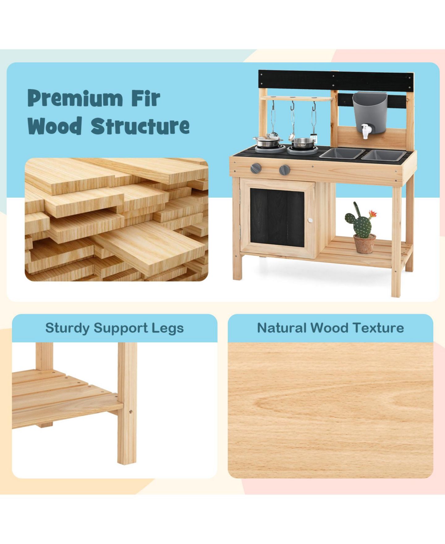 Детский игровой набор SKONYON Wooden Outdoor Mud Kitchen Working Water Faucet 8-Piece Playset, Ages 3+, цвет: Натуральный — фото 8