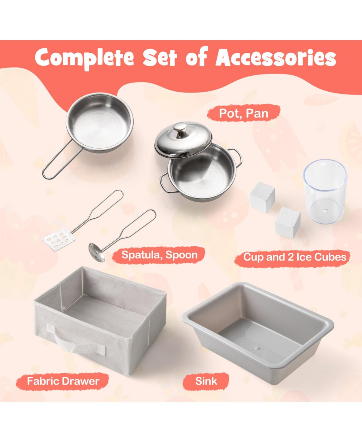 Skonyon Wooden Kids Kitchen Playset with Chalkboard Ice Maker Sink Lighted Microwave-White