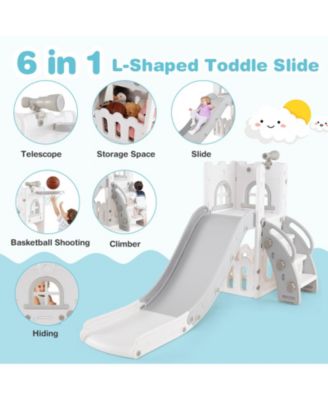 6-in-1 Toddler Slide L-shaped Playground with Basketball Hoop and Ladder