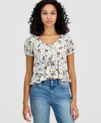 Juniors' Printed Lace Short-Sleeve Babydoll Top