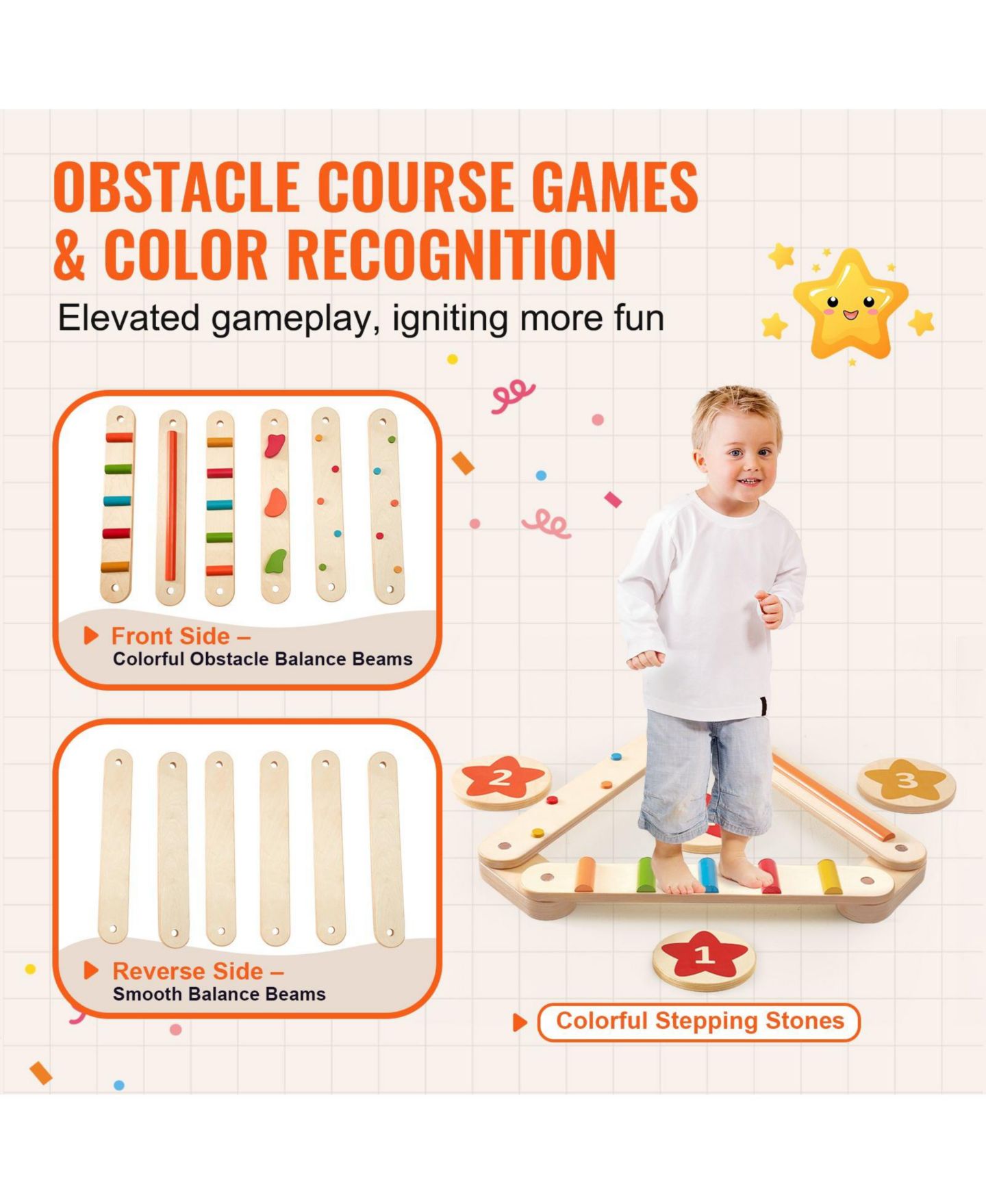 Детские игрушки Mecale 6-Piece Dual-Sided Wooden Balance Beam & Stepping Stones Set, Ages 2+, цвет: Серый — фото 7