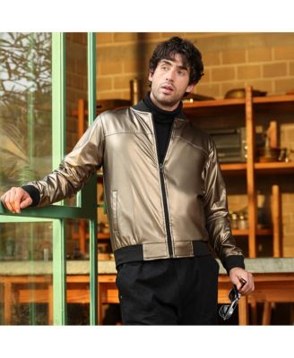 Men's Antique Bronze Patent-Panel Bomber Jacket