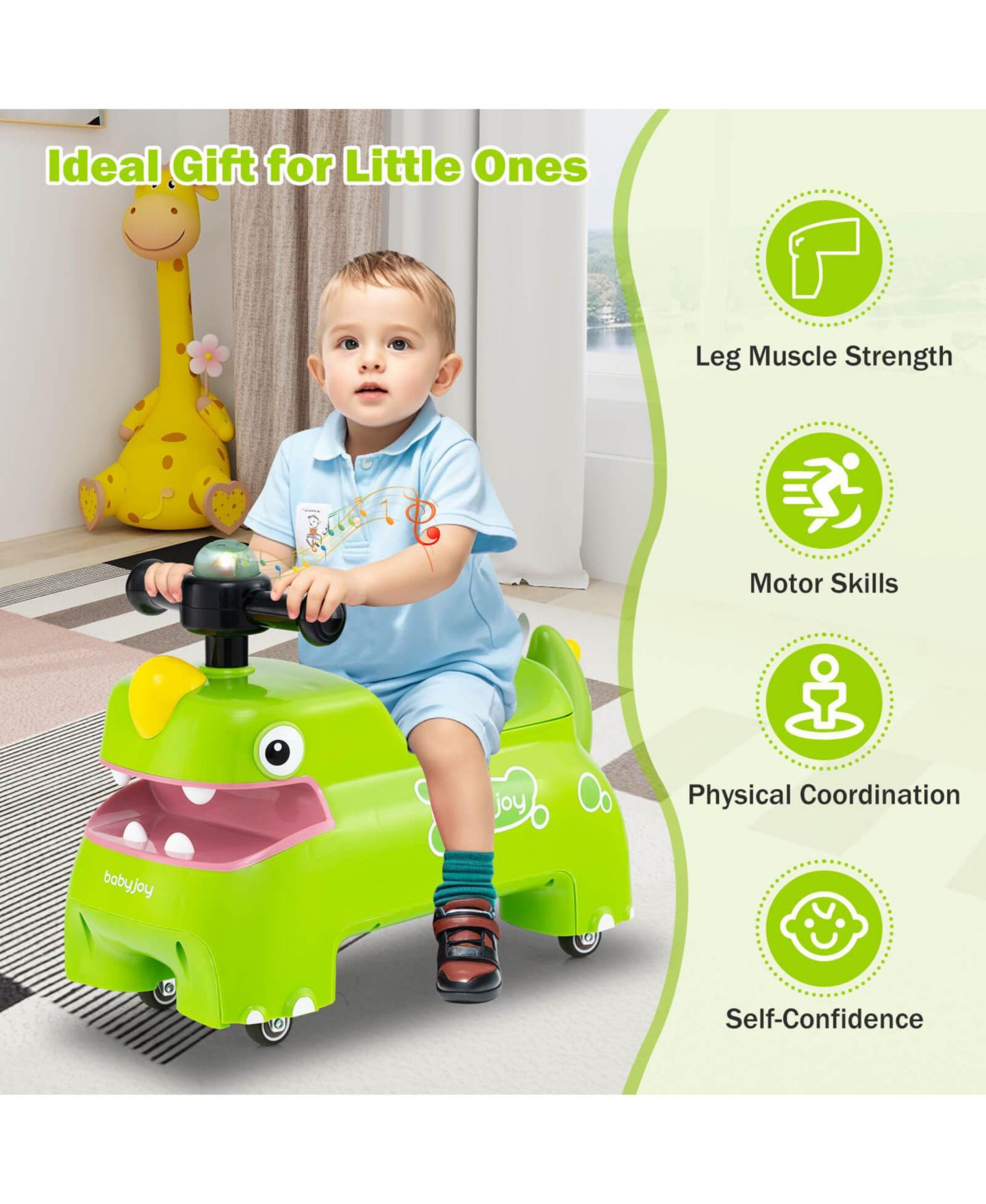 Детская игрушка Costway Baby Dinosaur Sliding Car with LED Lights and Under-Seat Storage Ride-On Toy, 55 lbs. Capacity, Ages 18 Months+, цвет: Зелёный — фото 8