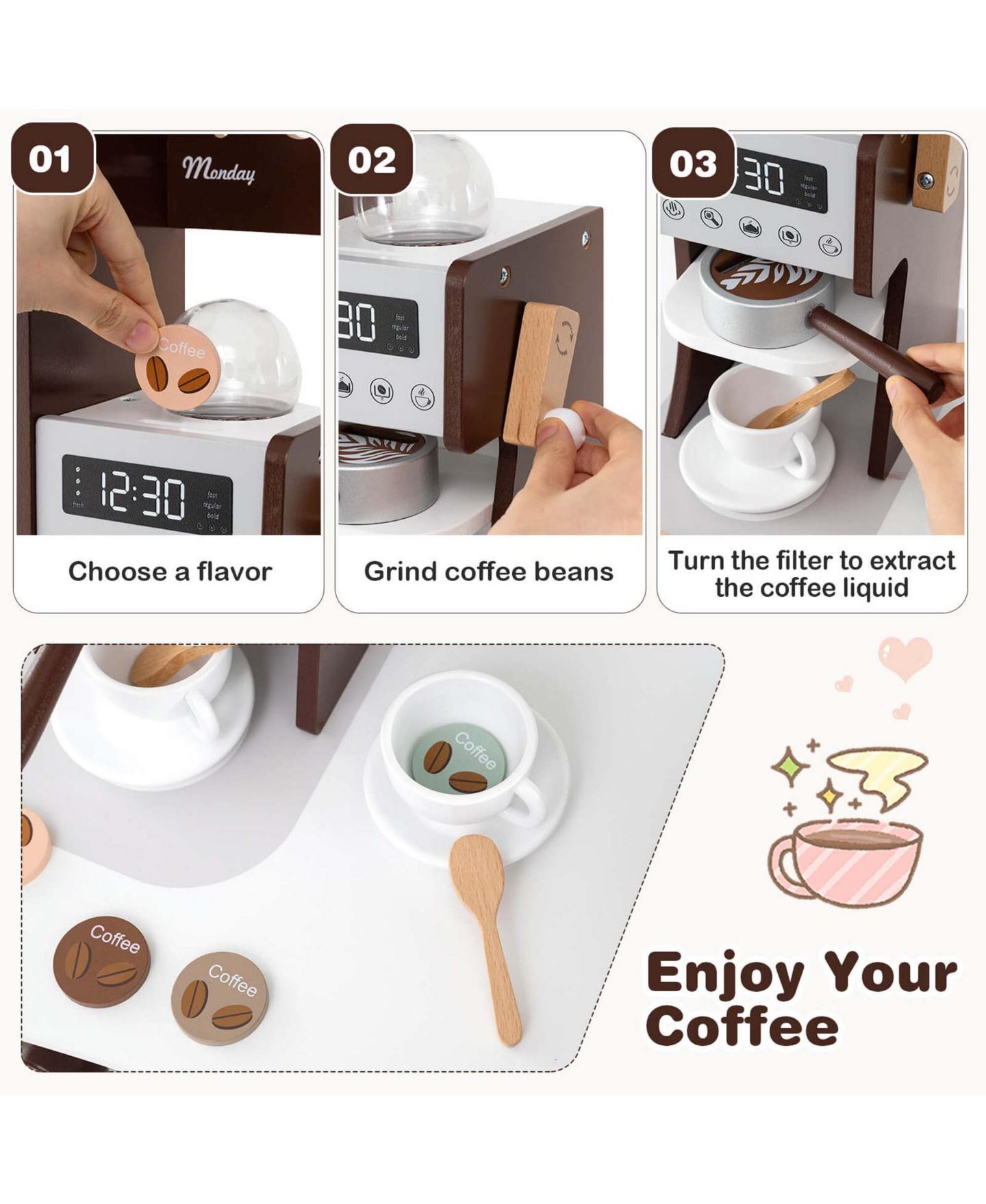 Детский игровой набор Costway Corner Kitchen Playset with Coffee Machine, 12-Piece, Ages 3+, цвет: Коричневый — фото 8