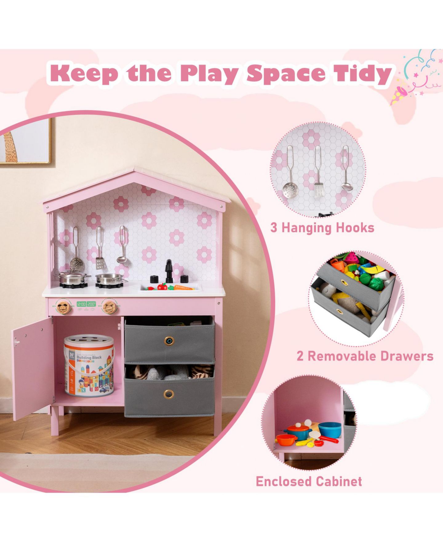 Детские игрушки Gymax 2-Stove Clickable-Knob Kids Play Kitchen, 7-Piece Set, Ages 3-6, цвет: Розовый — фото 7