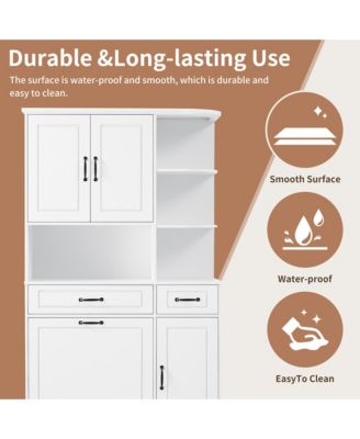 Tall Freestanding Storage Cabinet with Drawers Doors and Adjustable Shelves in White