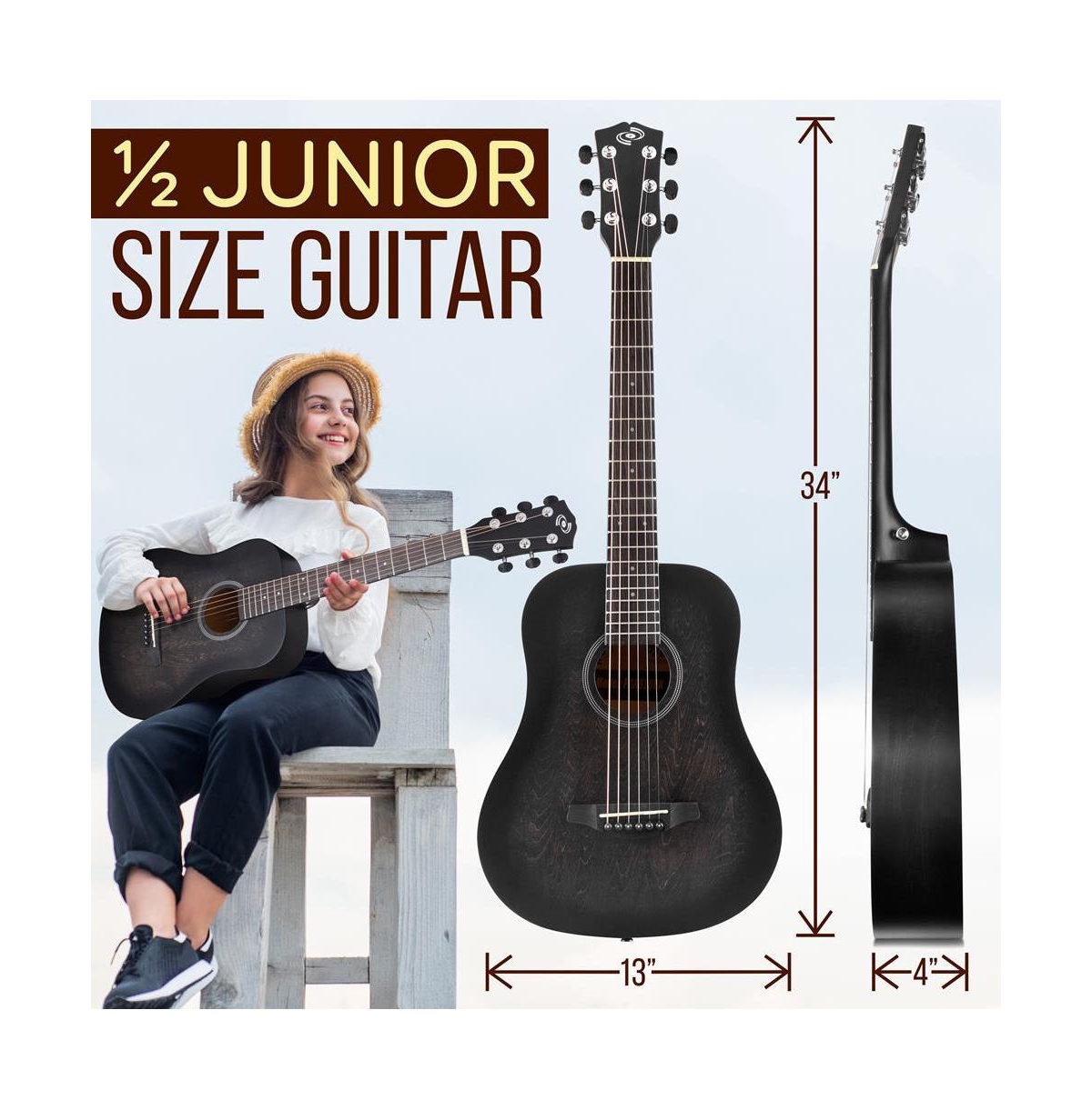Pyle 34" Acoustic Guitar Kit - 6-String 1/2 Junior Size Guitar with Accessories, Black (PGA820BK)