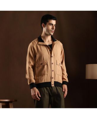 Men's Khaki Beige Tactile-Utility Bomber Jacket