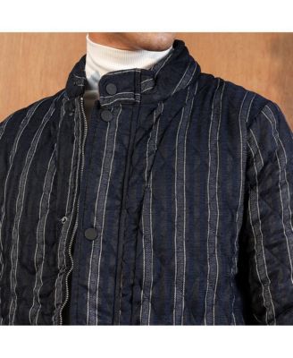 Men's Navy Blue Woven-Striped Quilted Jacket