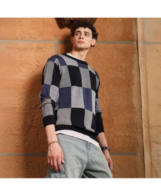 Men's Navy Blue Block-Check Pullover Sweater