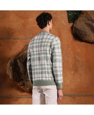 Men's Olive Green Plaid-Jacquard Knit Pullover Sweater