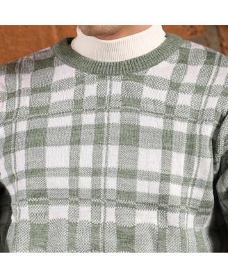 Men's Olive Green Plaid-Jacquard Knit Pullover Sweater