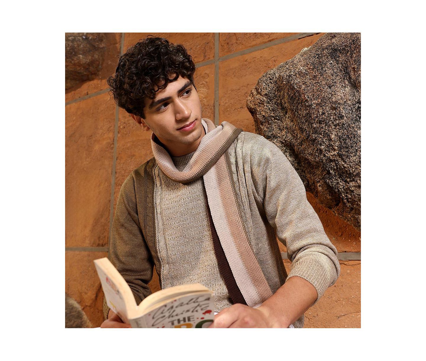 Мужской свитер Campus Sutra Sand Beige Textured-Jacquard Knit Pullover, цвет: Бежевый / Хаки — фото 2
