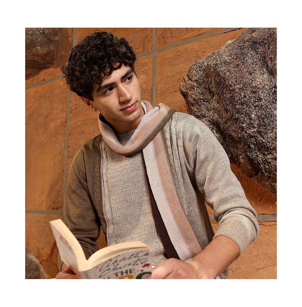 Campus Sutra Men's Sand Beige Textured-Jacquard Knit Pullover Sweater