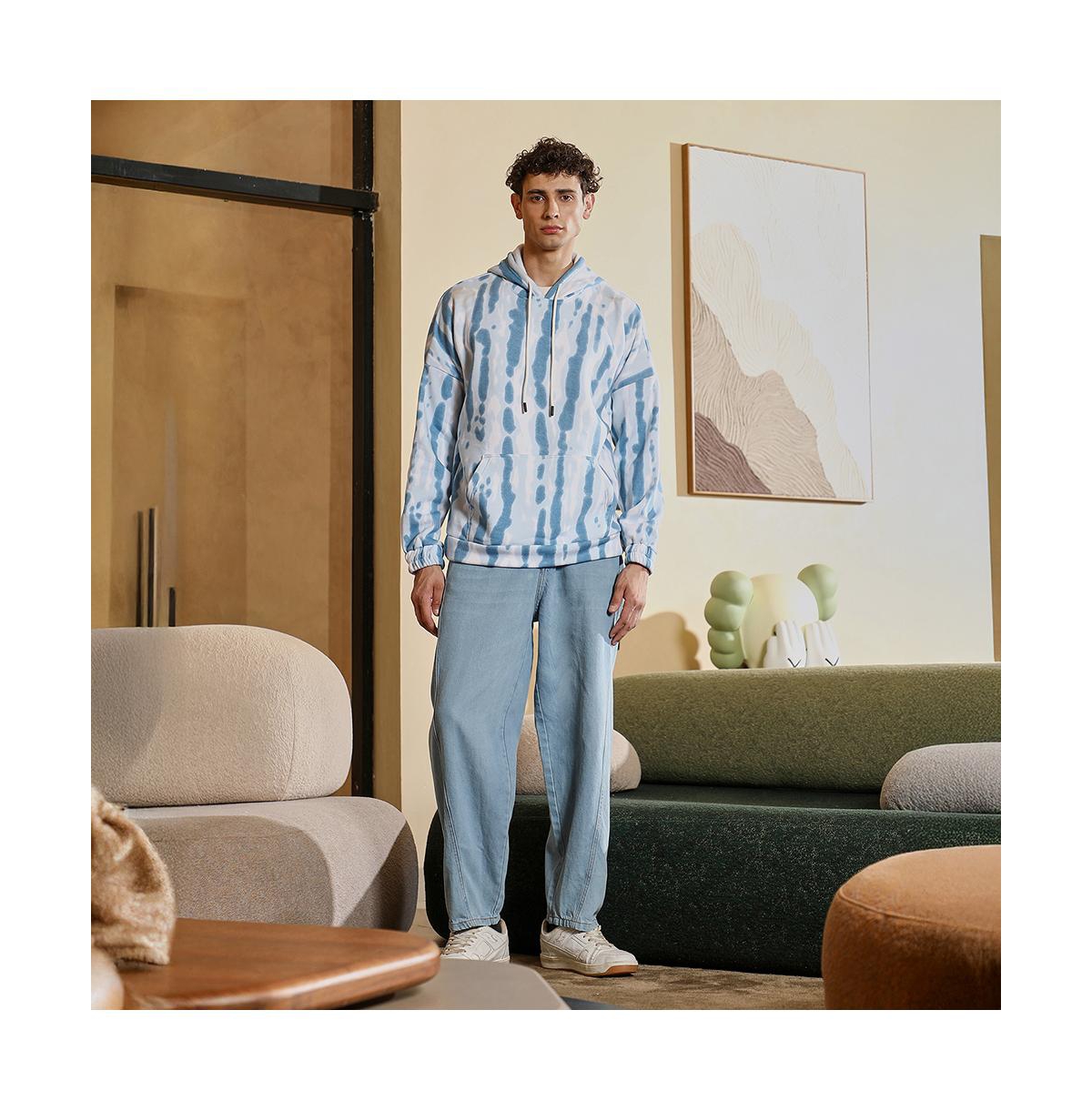 Campus Sutra Men's Sky Blue Dye-Drip Pullover Hoodie