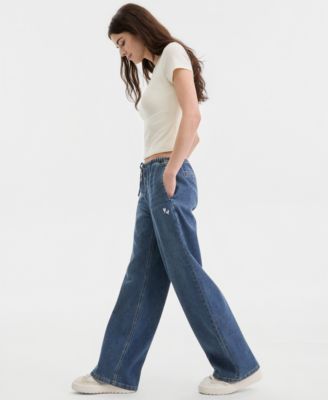 Juniors' Heart-Embroidered Drawstring Wide-Leg Jeans