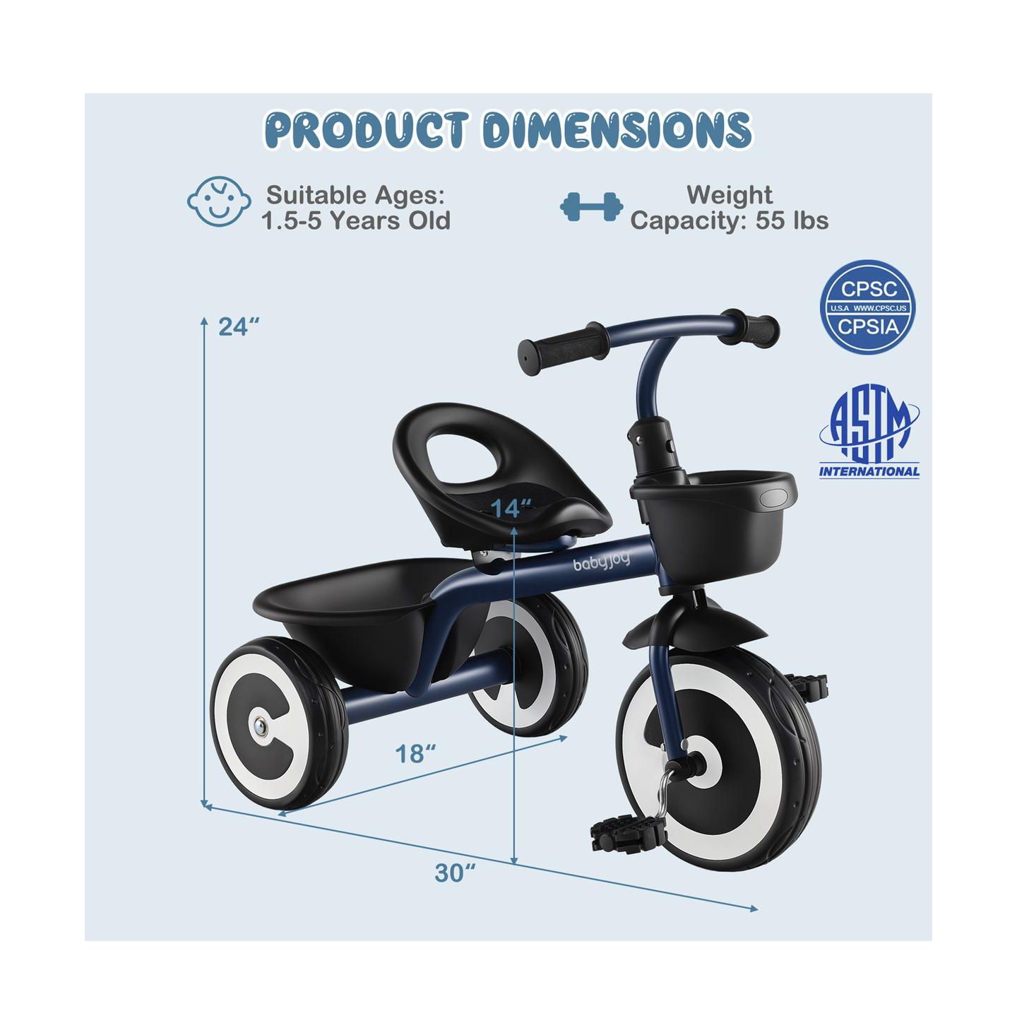 Детская игрушка SUGIFT Adjustable-Seat Tricycle with Storage Baskets, Ages 1.5-5, цвет: Синий — фото 3