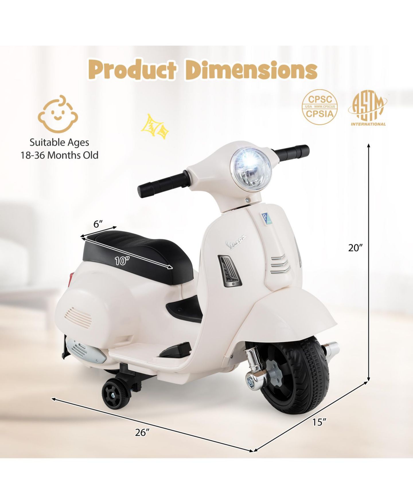 Детская игрушка SUGIFT Licensed Vespa 6V Rechargeable Battery Ride-On Motorcycle with Training Wheels, Ages 18-36 Months, цвет: Белый — фото 2