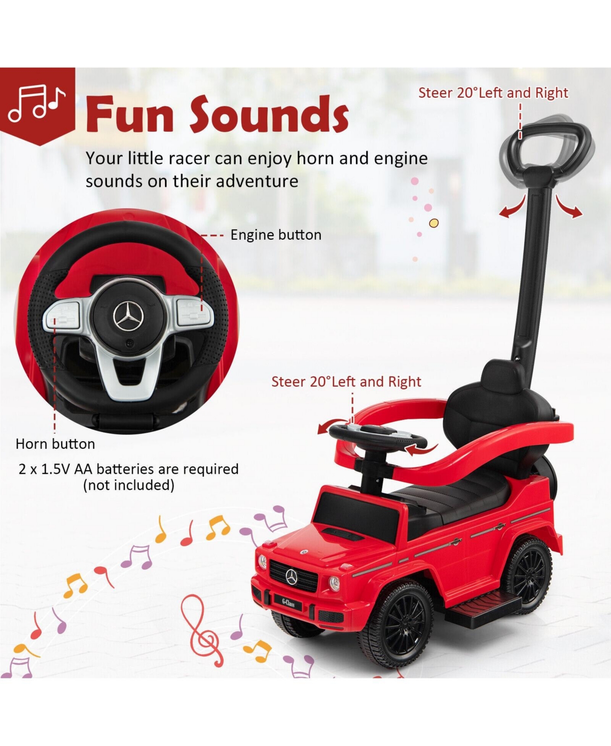 Sugift 3-In-1 Ride on Push Car Mercedes Benz G350 Stroller Sliding Car with Canopy